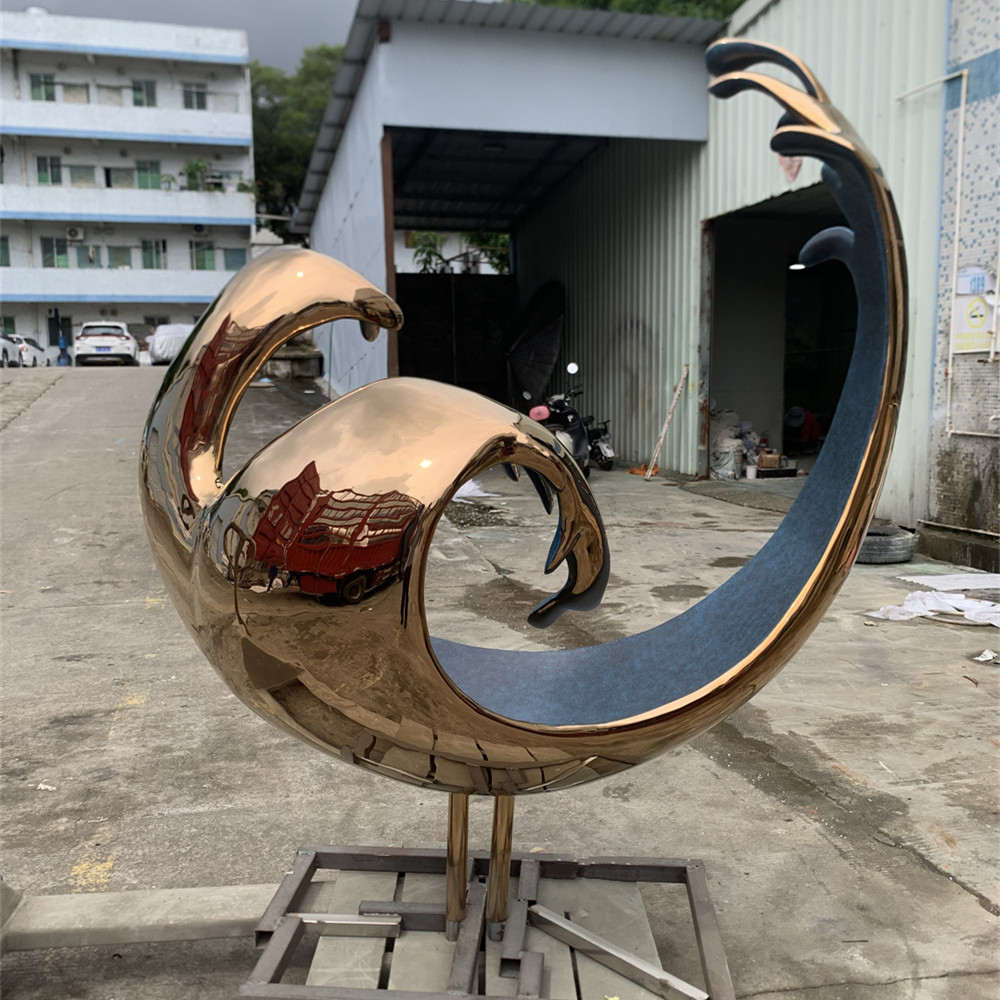 不锈钢镜面玫瑰金浪花抽象水波纹摆件售楼处酒店大堂景观雕塑定制