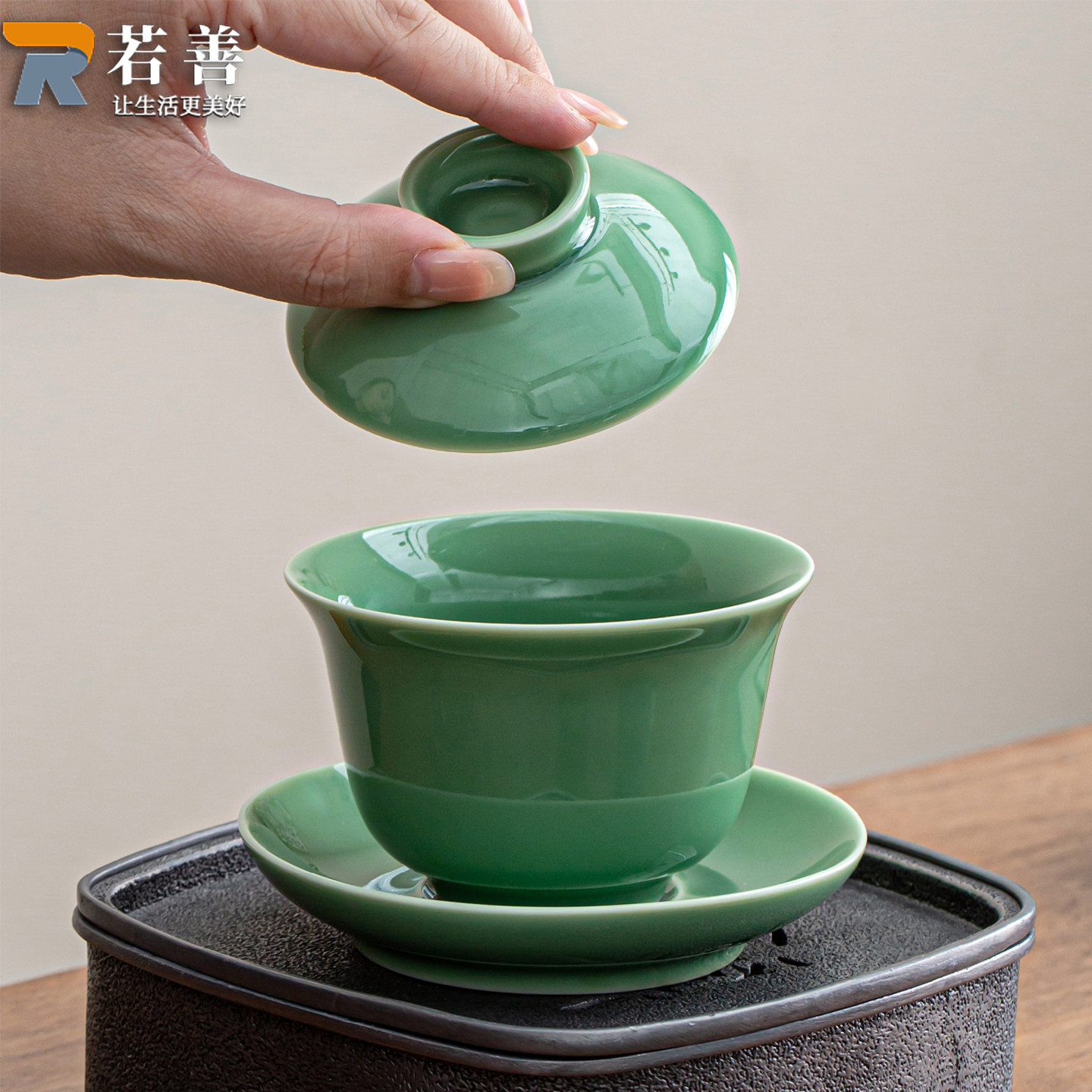 青瓷盖碗茶杯陶瓷小号防烫泡茶三才盖碗功夫茶具单个高档泡茶碗