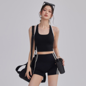 健身普拉提训练两件套2026新款 瑜伽服套装 女拼色工字运动背心短裤