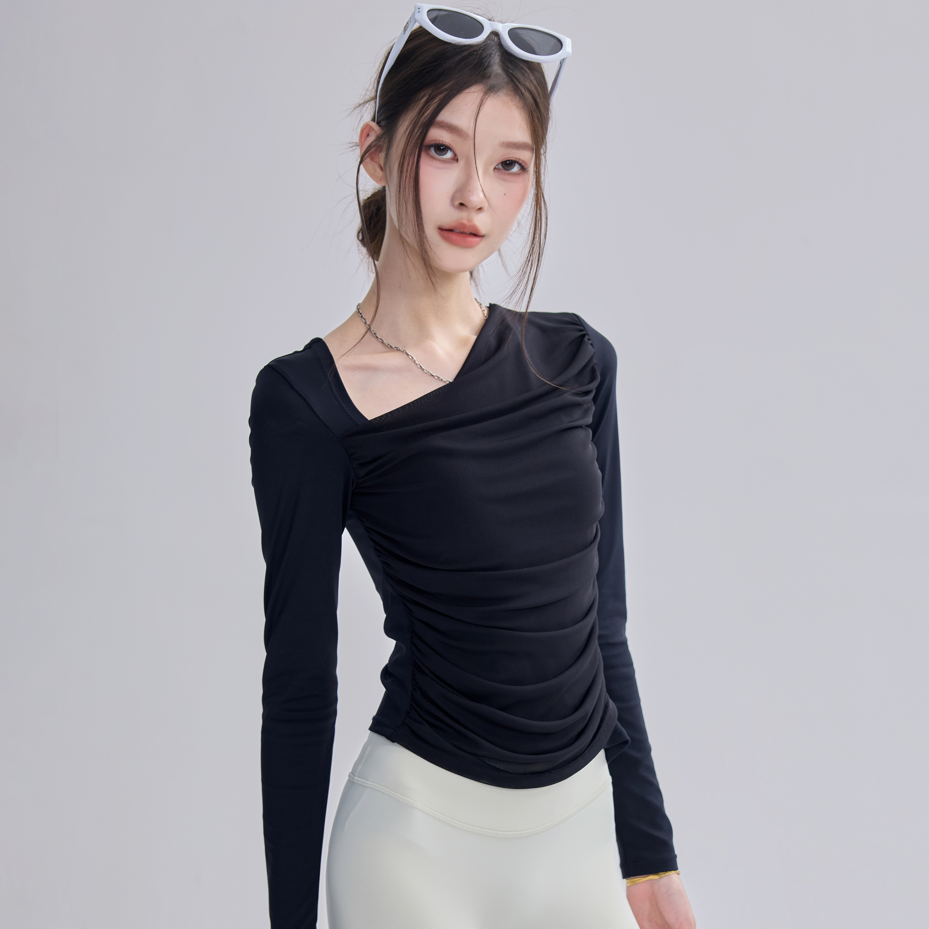 斜领瑜伽服女网纱拼接带胸垫运动上衣显瘦健身普拉提训练长袖T恤