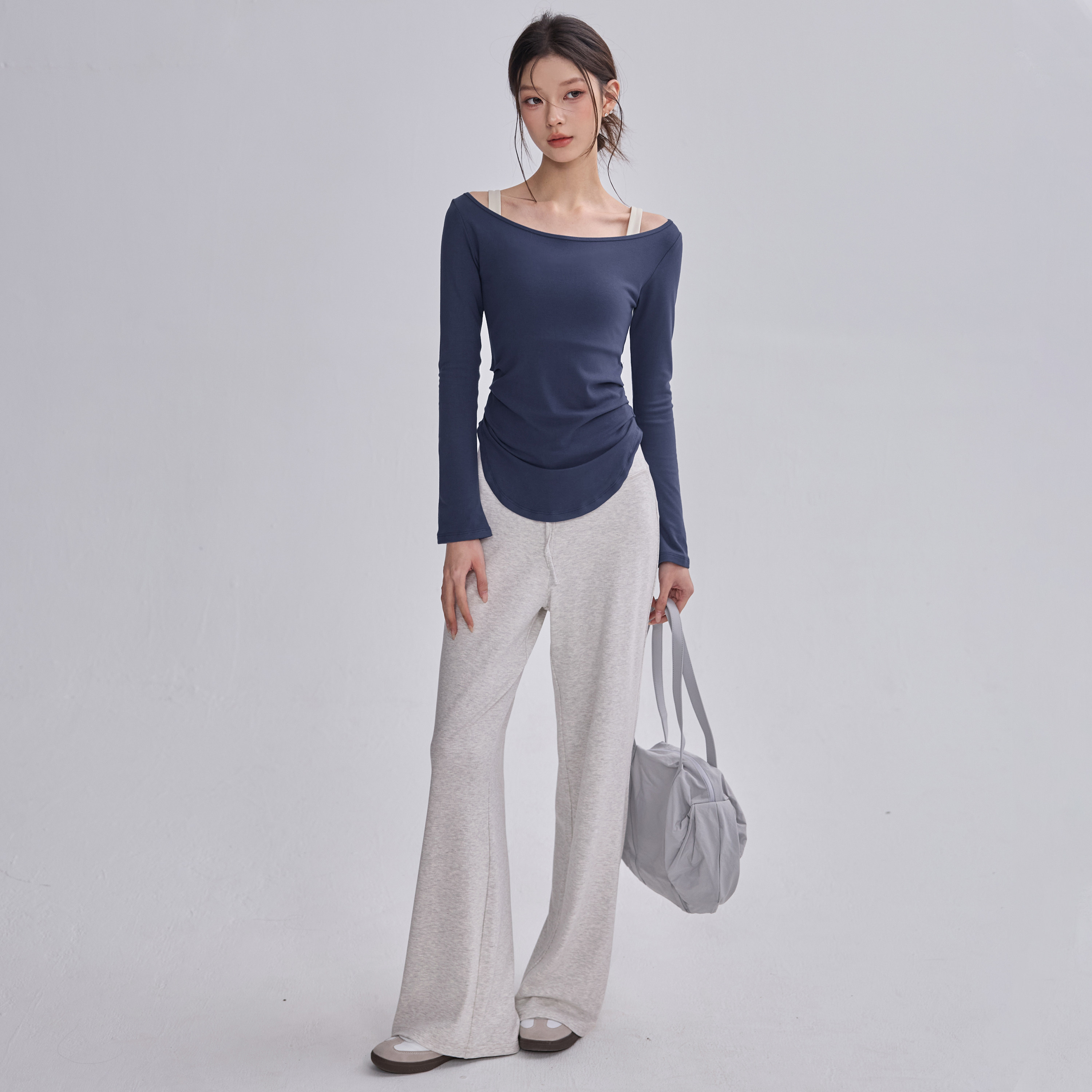 休闲瑜伽服长袖女运动跑步上衣百搭显瘦健身性感普拉提一字领T恤