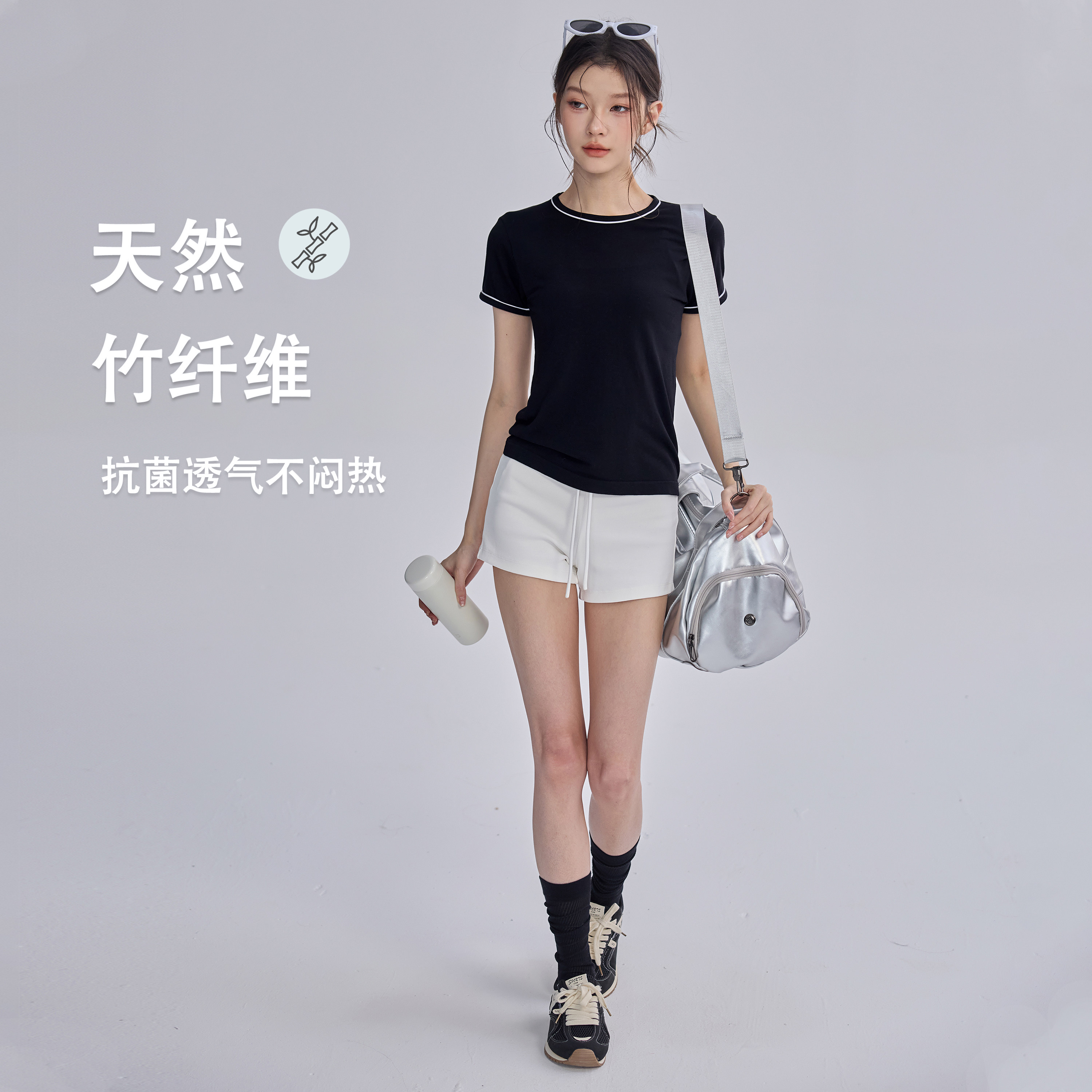 瑜伽服上衣女竹纤维透气圆领运动短袖修身跑步健身户外休闲T恤夏