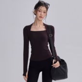 带胸垫瑜伽服女方领修身 显瘦健身上衣专业普拉提运动训练长袖 秋冬