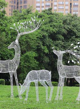 户外不锈钢镂空梅花鹿雕塑售楼部小区公园林草坪动物发光装饰摆件