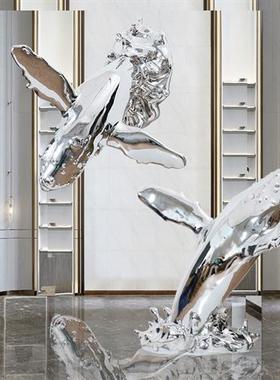 酒店大堂落地海豚雕塑艺术品售楼处别墅展厅玻璃钢电镀软装置摆件