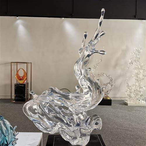 现代简约透明树脂浪花雕塑摆件酒店客厅玄关落地摆件装饰工艺品