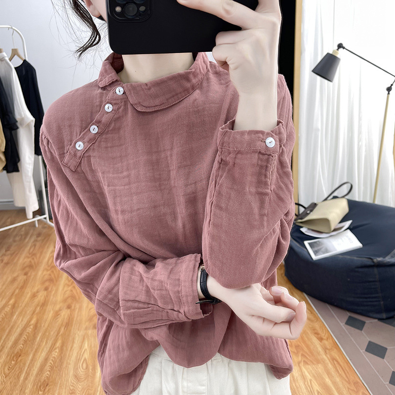 韩系元宝领纯棉长袖衬衫女2025春季宽松减龄上衣复