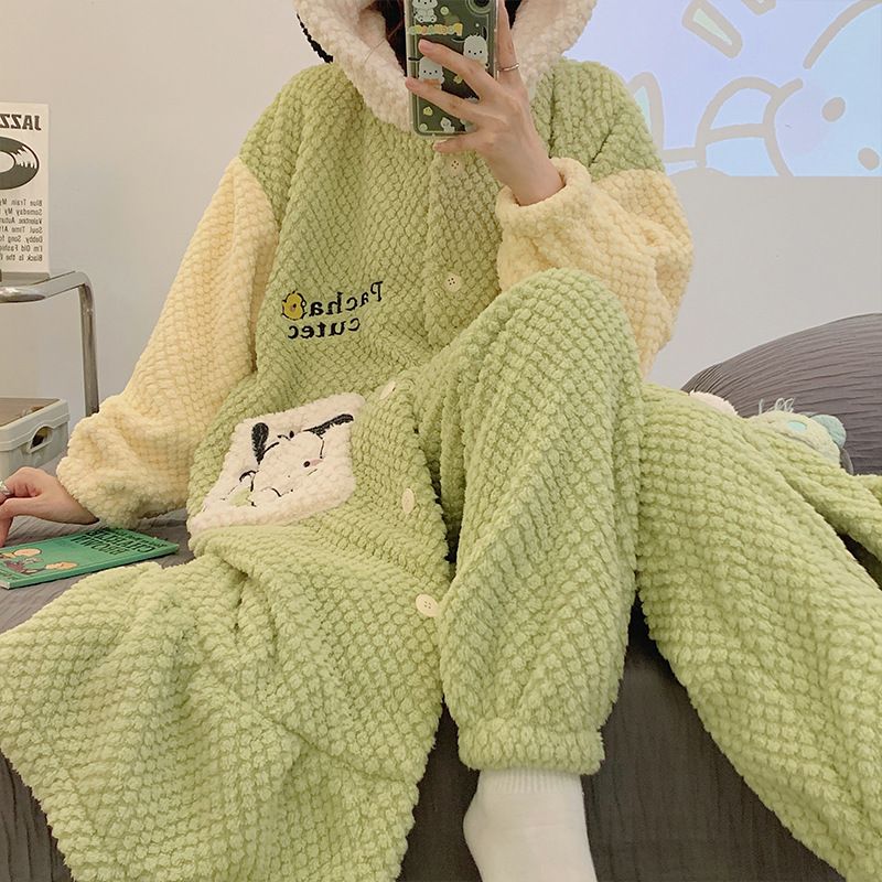 加厚加绒珊瑚绒睡衣女秋冬季长款睡袍法兰绒冬天套装家居服可外穿