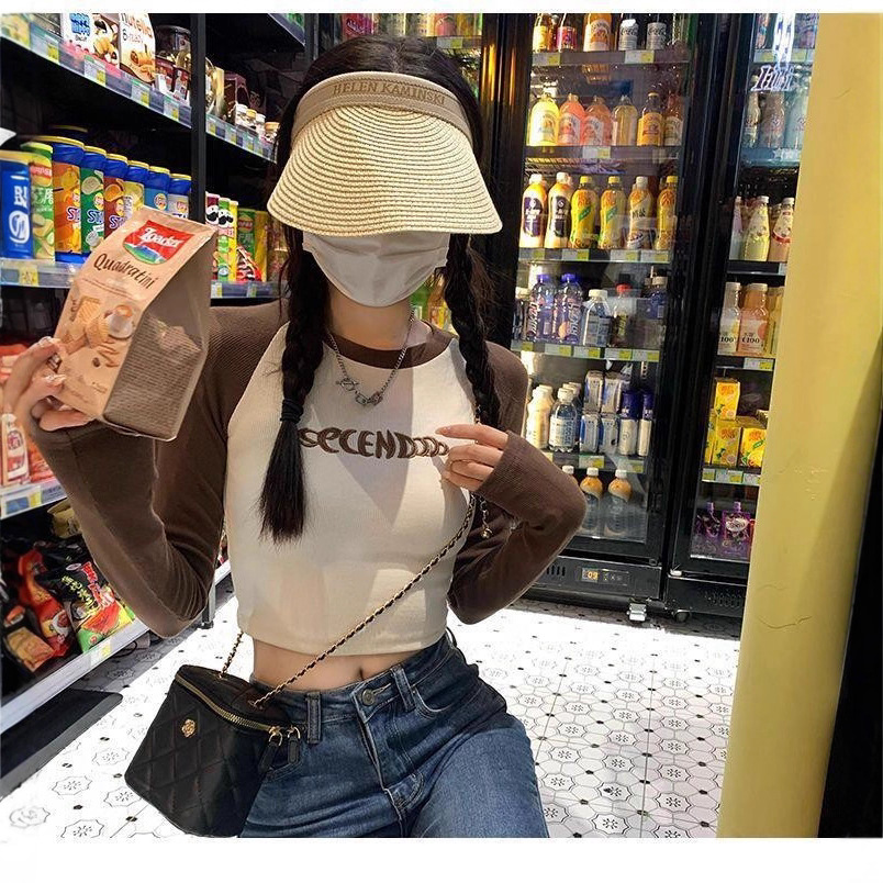 撞色薄款长袖T恤女秋季新款辣妹风短款露脐修身显瘦跳舞上衣