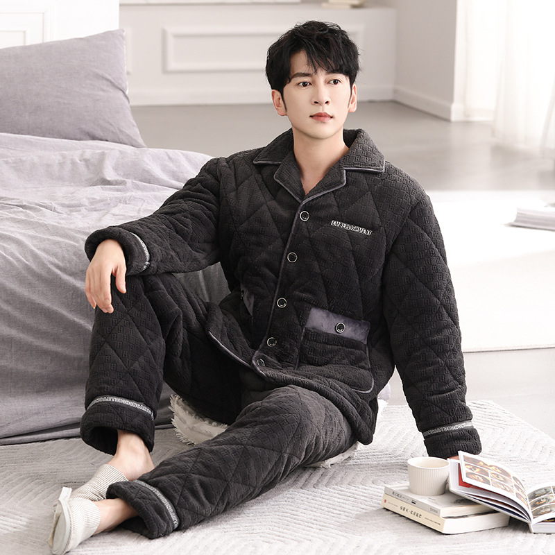 睡衣男冬季法兰绒三层加厚保暖可外穿夹棉加绒长袖长裤家居服套装
