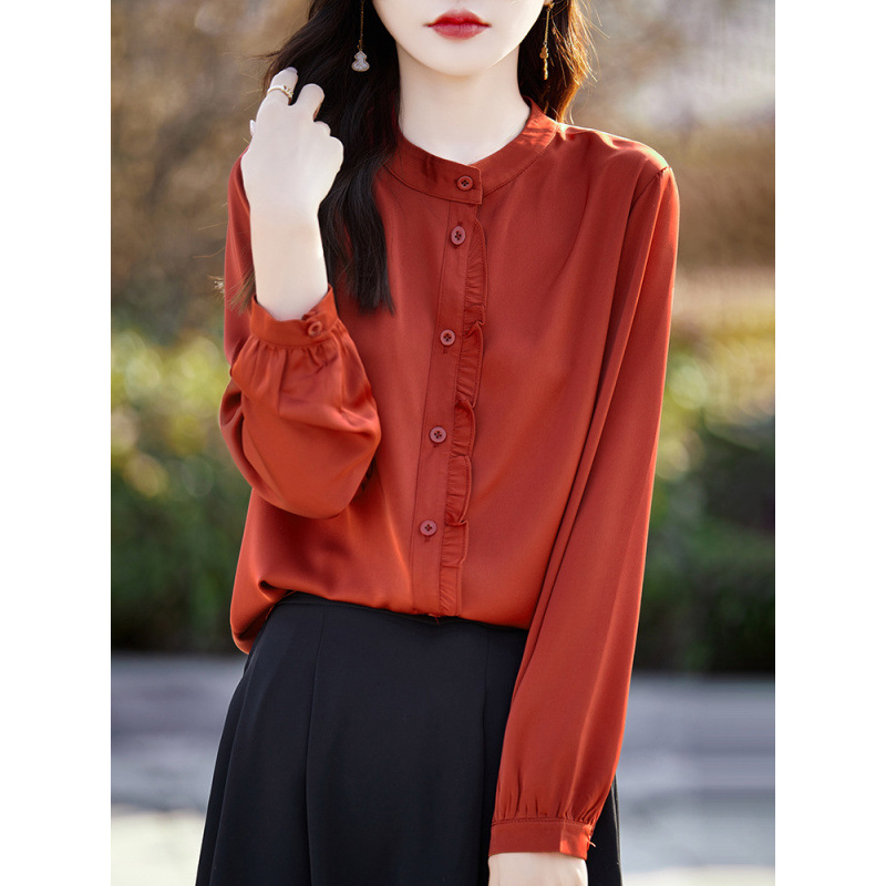 春夏圆领木耳边纯色长袖衬衫女气质衬衣高级感垂坠显瘦上衣打底衫