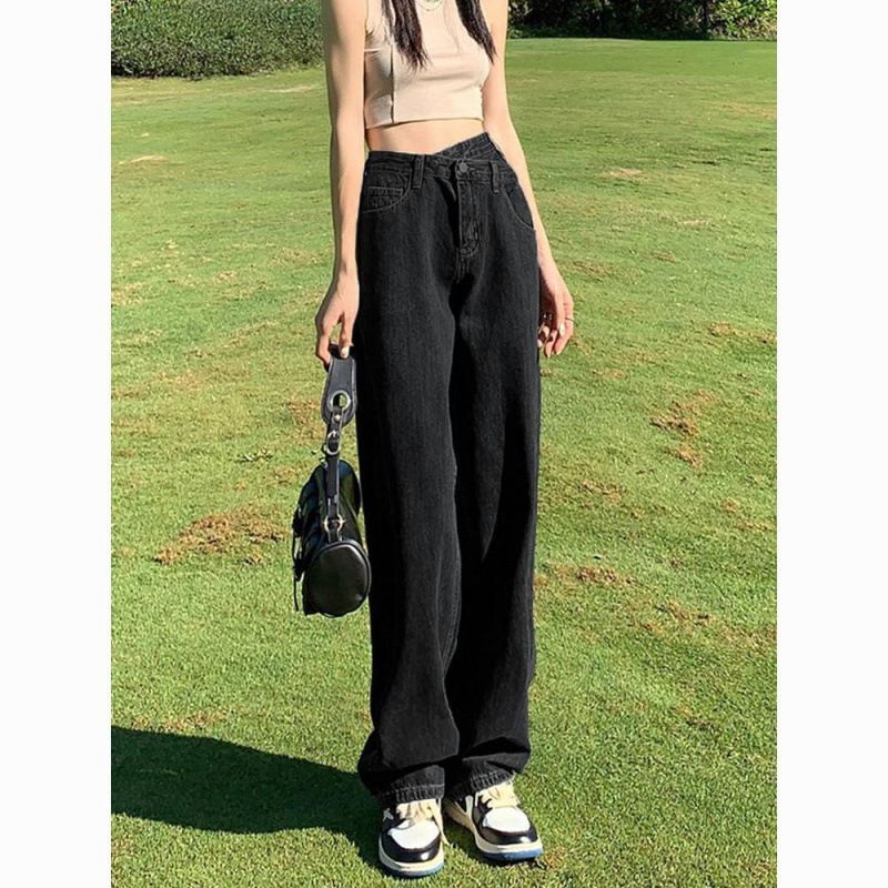 梨形身材黑灰色阔腿牛仔裤女秋冬大码胖妹妹高腰