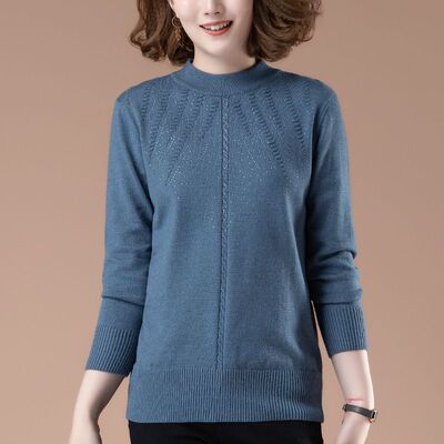 毛衣女秋冬加肥加大码女装宽松中年妈妈烫钻半高领针织衫上衣9487
