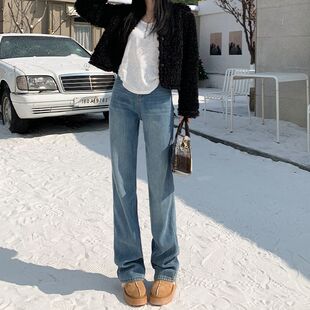 复古蓝加绒高腰直筒牛仔裤女2025秋冬新款宽松显瘦垂感阔腿拖地裤