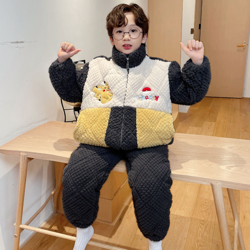 儿童睡衣冬季加厚款男童珊瑚绒男孩三层夹棉秋冬款加绒家居服
