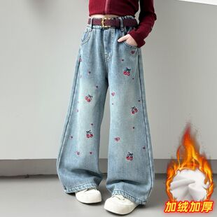 女童加绒牛仔裤秋冬2025新款女大童洋气直筒裤女孩初中生加厚裤子
