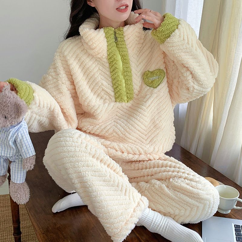 珊瑚绒睡衣女冬季甜美加厚加绒长袖长裤清新网红家居服套装可外穿