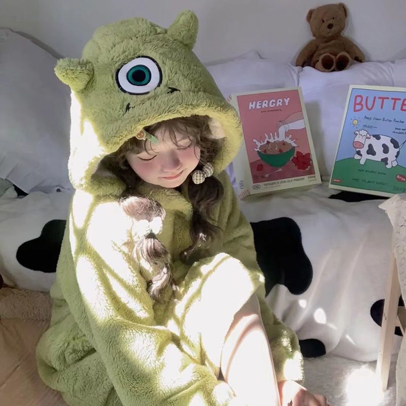 秋冬儿童睡衣珊瑚绒加绒加厚大眼仔浴睡袍中大童法兰绒家居服套装