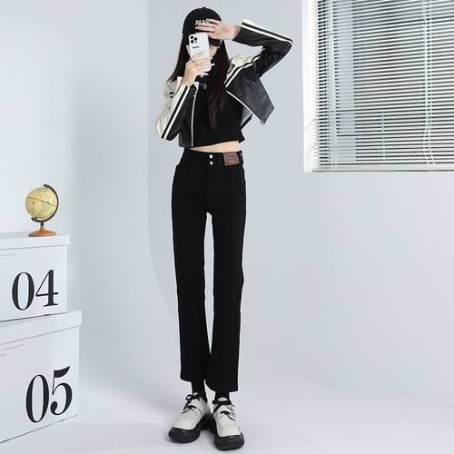 直筒牛仔裤女秋冬新款弹力黑色高腰显高显瘦小个子九分烟管裤