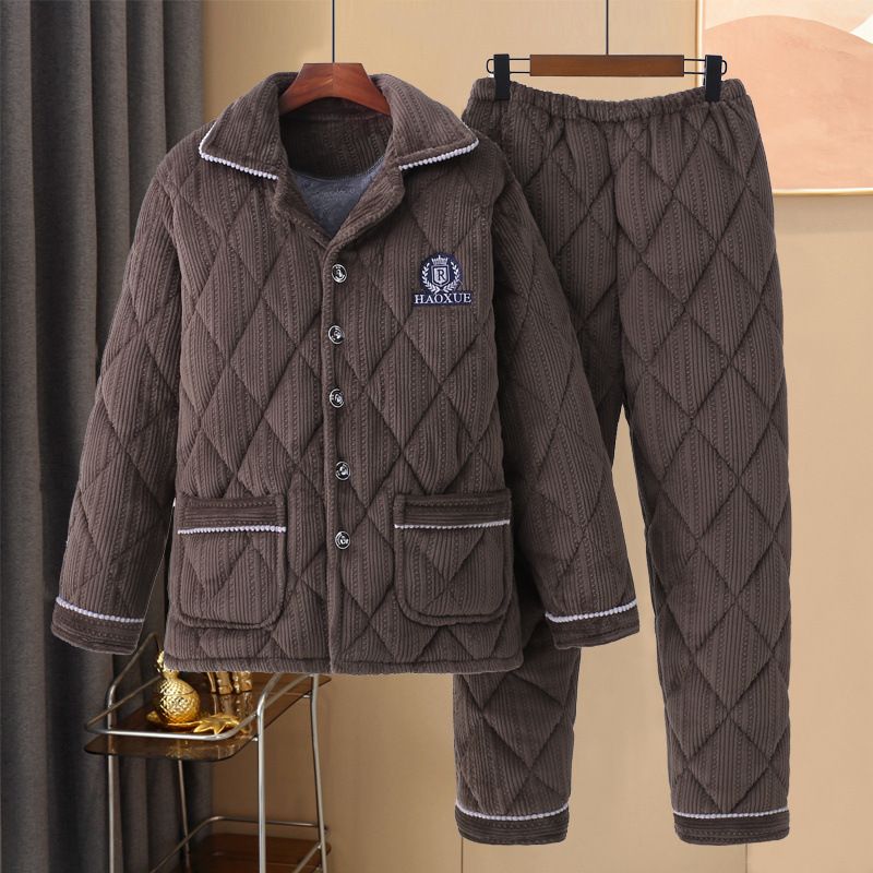 棉睡衣男冬季三层加厚加绒珊瑚绒夹棉男士法兰绒中老年家居服套装