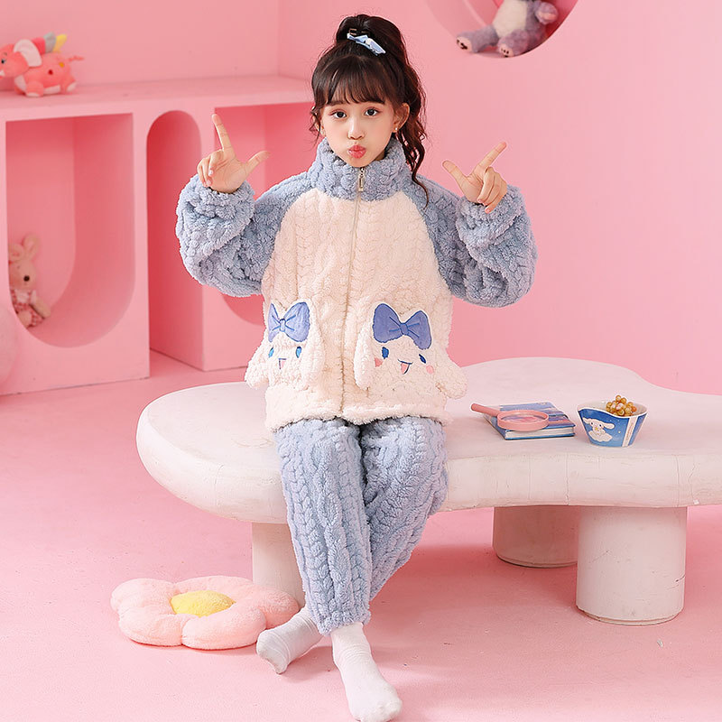 儿童秋冬睡衣拉链加绒加厚保暖儿童家珊瑚绒女孩宝宝长袖冬天套装
