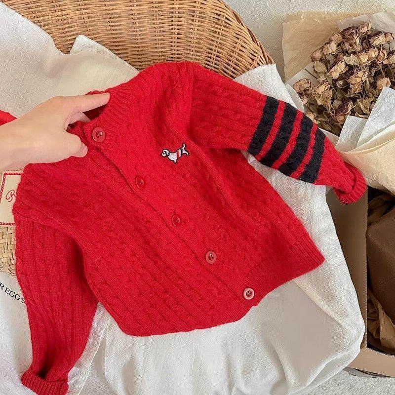 新款套头红色小狗标记针织衫百搭外套儿童秋冬季开衫针织毛衣