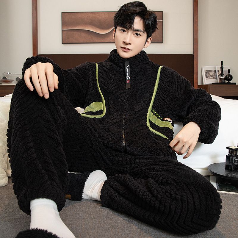 2025年新款睡衣男士秋冬季加绒加厚保暖法兰绒可外穿家居服套装男