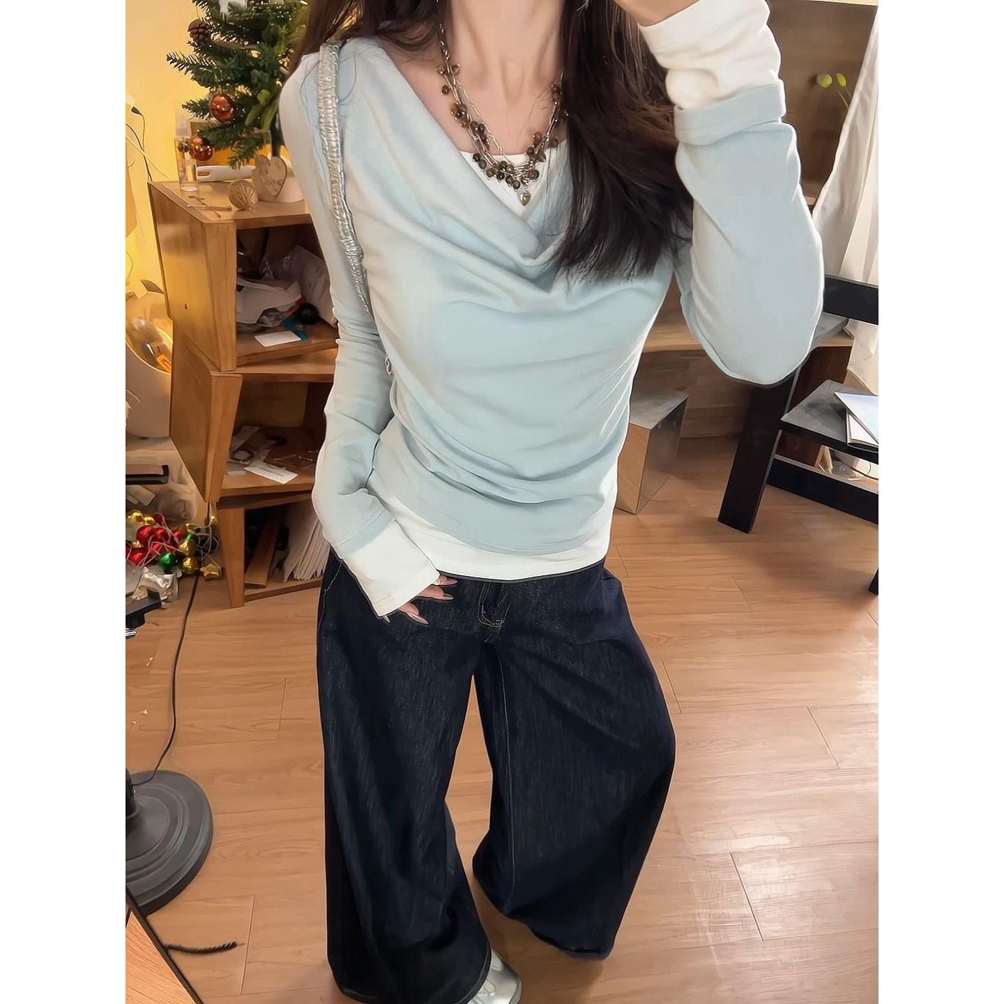 新款荡领拼接羊毛假两件长袖打底衫女2025内搭修身纯棉T恤上衣