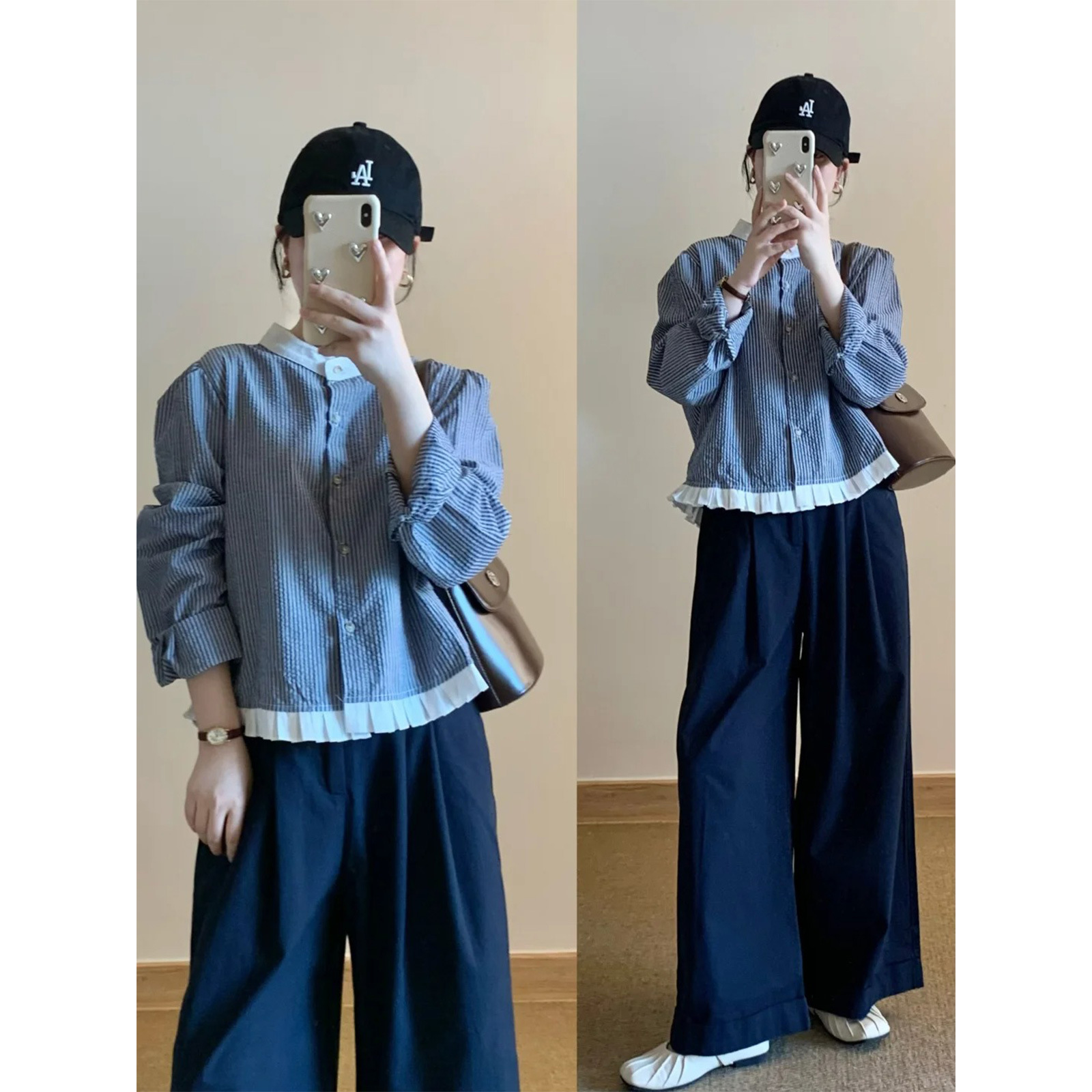 韩版撞色立领短款条纹长袖衬衫女早秋季氛围感气质小衫