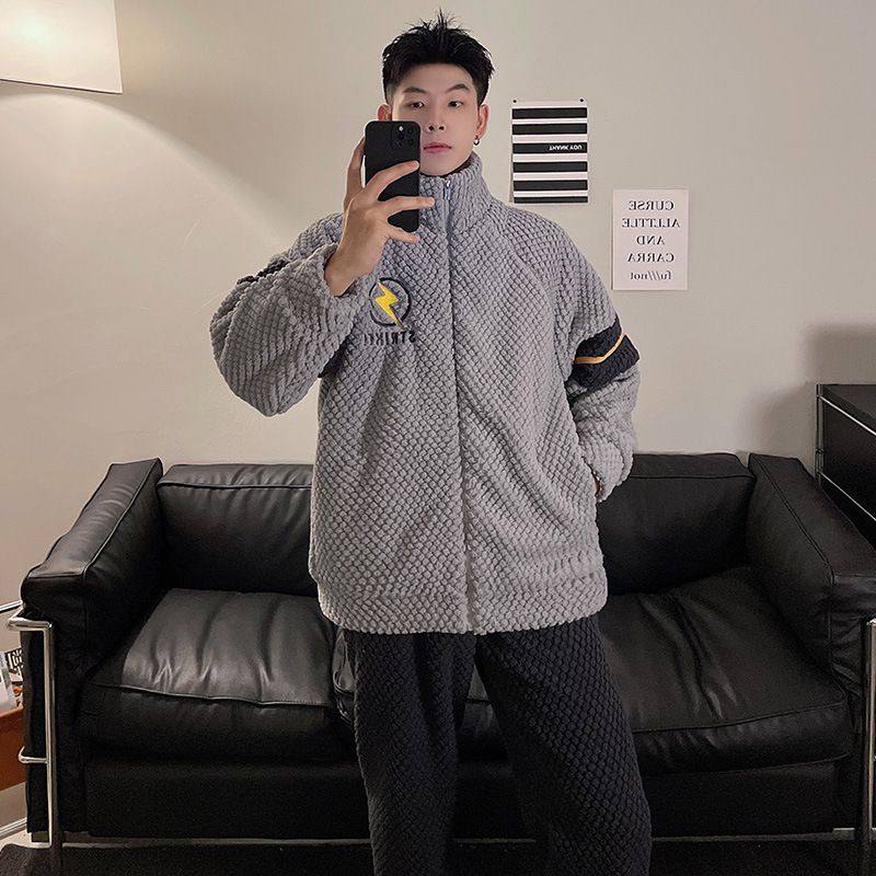 2025年新款法兰绒睡衣套装男秋冬季款加绒加厚珊瑚绒家居服可外穿