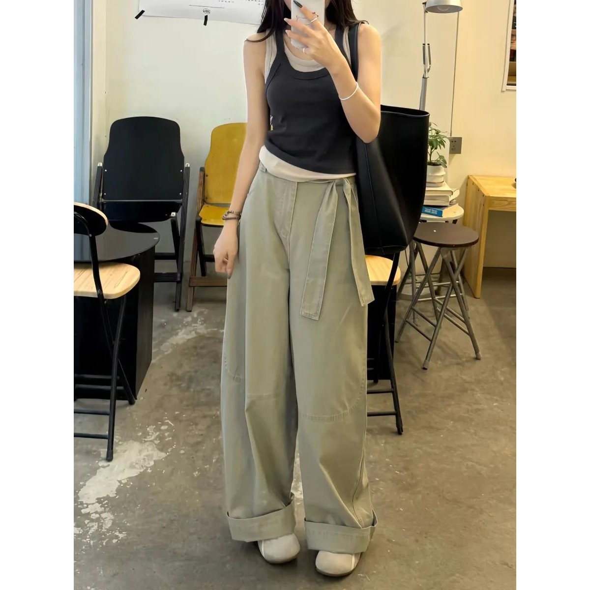 美式复古灰色工装阔腿牛仔裤女小个子高腰宽松显瘦直筒裤休闲长裤