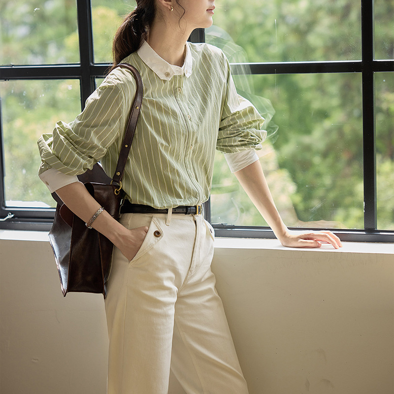 法式复古竖条纹长袖衬衫女秋季立领衬衣