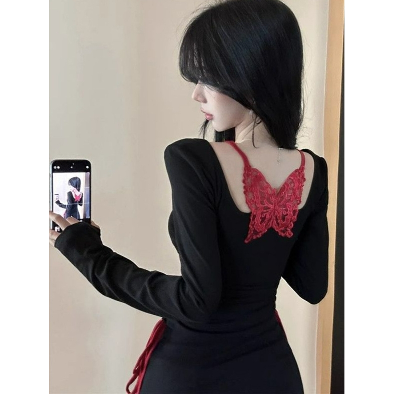 黑白撞色设计感抽绳露背长袖T恤女内搭打底衫假两件蕾丝蝴蝶上衣