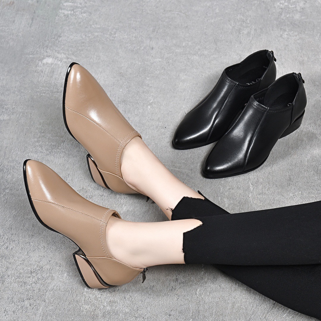 年新款春秋季尖头高跟鞋软皮细跟皮鞋春季中跟真皮深口单鞋女