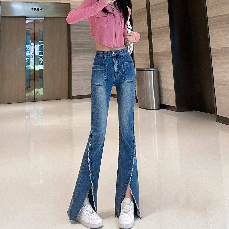 高级感开叉微喇牛仔裤女秋季新款高腰显瘦美式设计感秋冬喇叭裤女