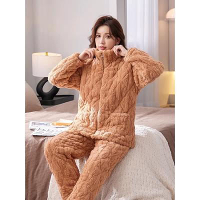 睡衣女冬季法兰绒加厚加绒三层夹棉拉链立领可外穿冬天家居服套装