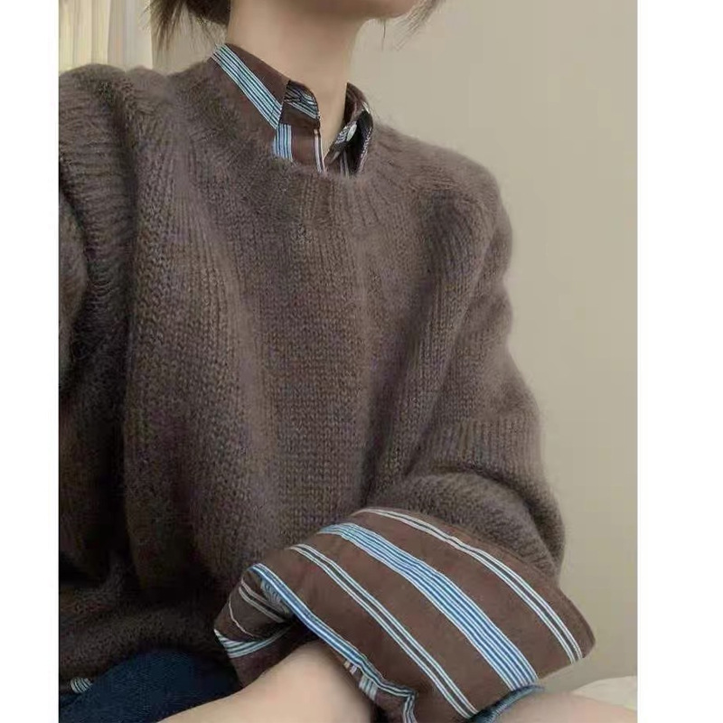 棕色圆领毛衣女秋季针织马海毛套头慵懒风软糯上衣秋冬