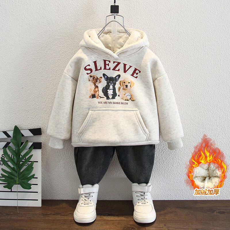 男童秋冬款加绒卫衣新款儿童韩版加厚一体绒保暖连帽帅气上衣