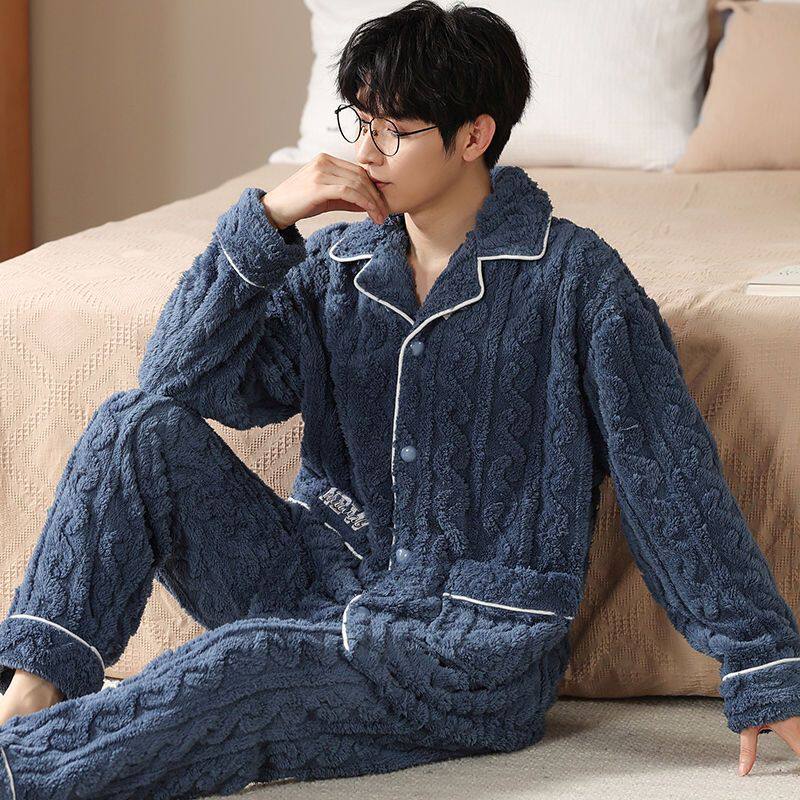 冬季加绒加厚珊瑚绒睡衣男保暖法兰绒家居服宽松大码开衫套装