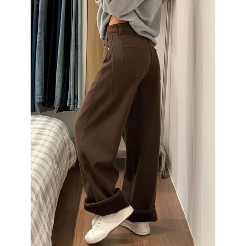 弯刀裤女2025新款秋冬款棕色裤子梨型身材粗腿宽胯显瘦阔腿牛仔裤