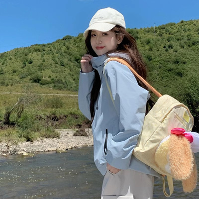 美式户外连帽冲锋衣女春秋新款小个子防风外套夹克上衣女工装风衣