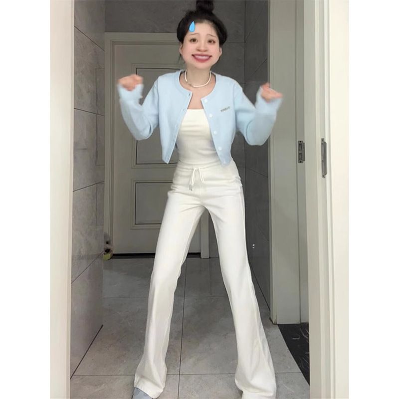 白色高腰抽绳微喇运动休闲裤女春秋季窄版修身瑜伽卫裤马蹄长裤子