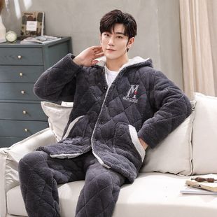 珊瑚绒睡衣男冬季夹棉三层加厚加绒中长款法兰绒男士家居服可外穿