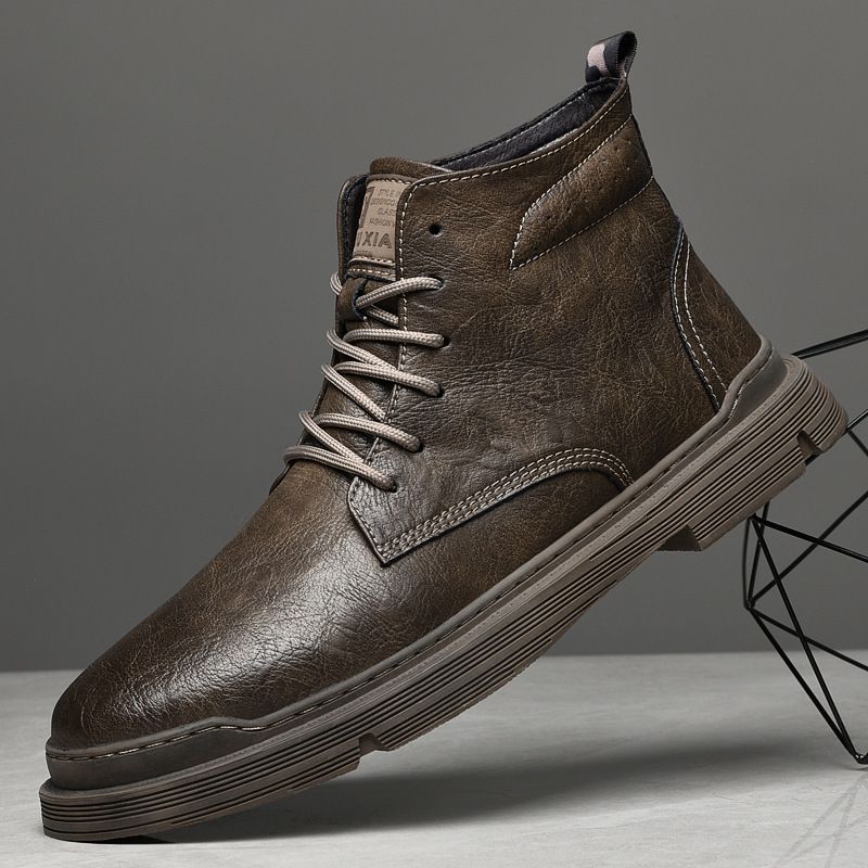 高帮男士皮靴冬款男车缝线保暖现货马丁靴棕色圆头加绒鞋休闲男鞋
