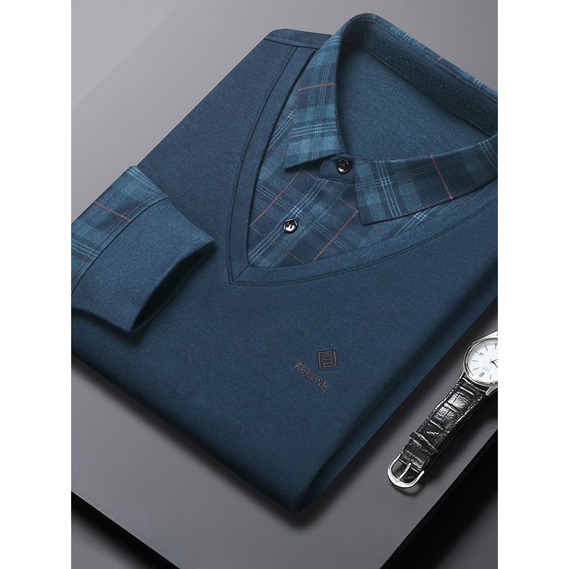 秋冬长袖长袖t恤男士拼接衬衫领打底衫上衣中老年体恤衫新款男T恤