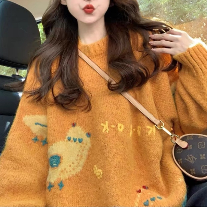 橘色毛衣女新款秋冬季加厚复古减龄宽松慵懒高级感韩系针织衫