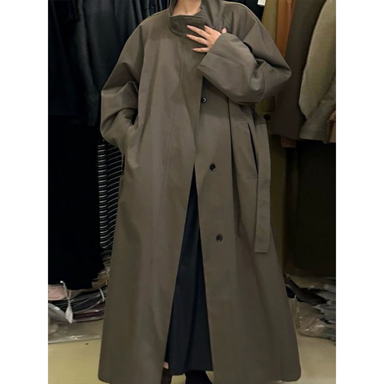 年秋季高级感超好看冷淡系气质慵懒风灰色长款立领风衣外套女