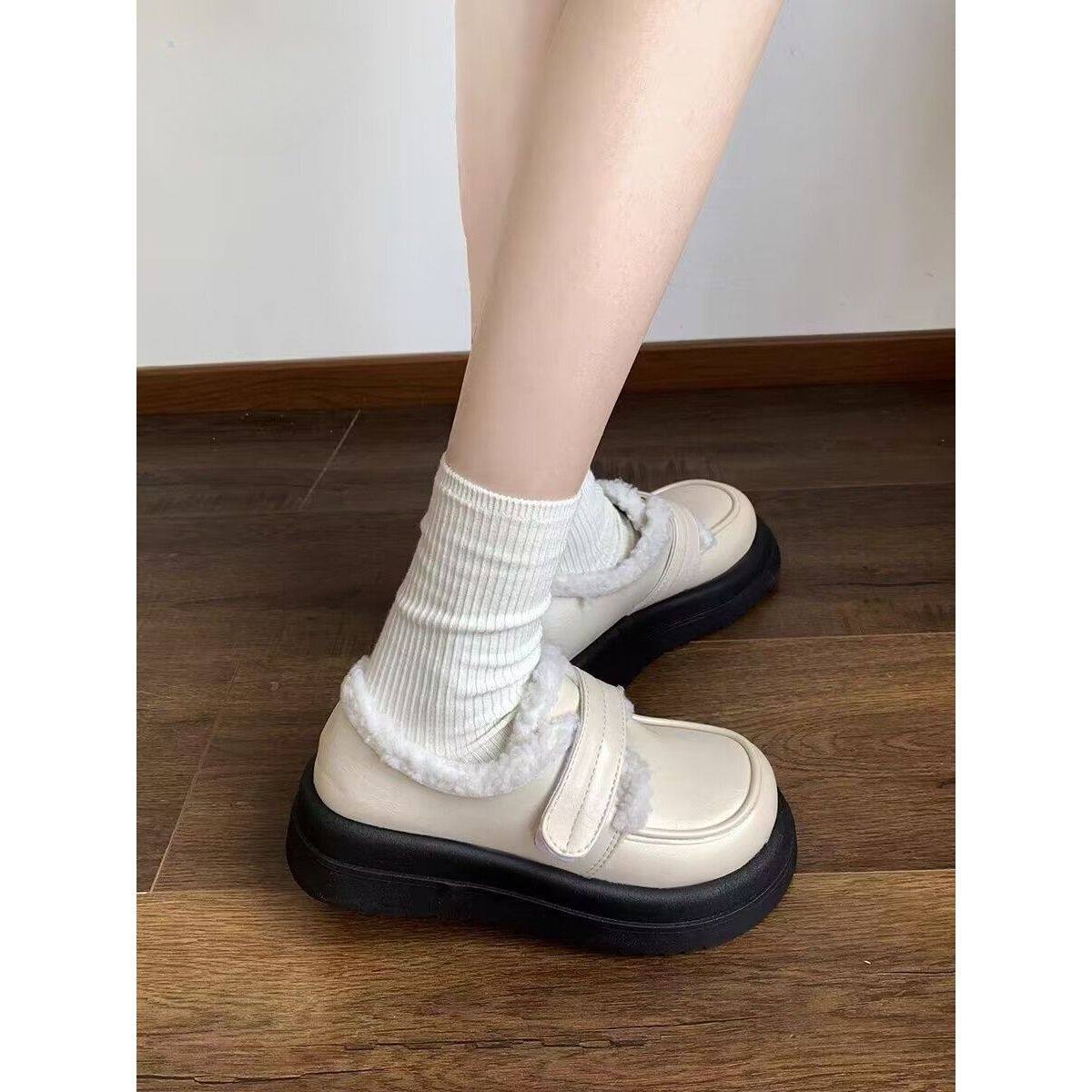 百搭平底乐福鞋女年冬季新款圆头学院风增高保暖棉鞋厚底日系,女鞋,乐福鞋（豆豆鞋）,淘宝优惠券,粉丝福利购,淘宝优惠卷