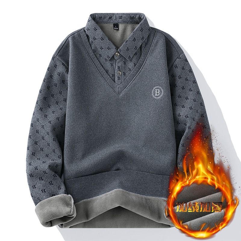 秋冬季假两件衬衫毛衣男士针织打底衫加绒加厚带领羊毛衫保暖上衣