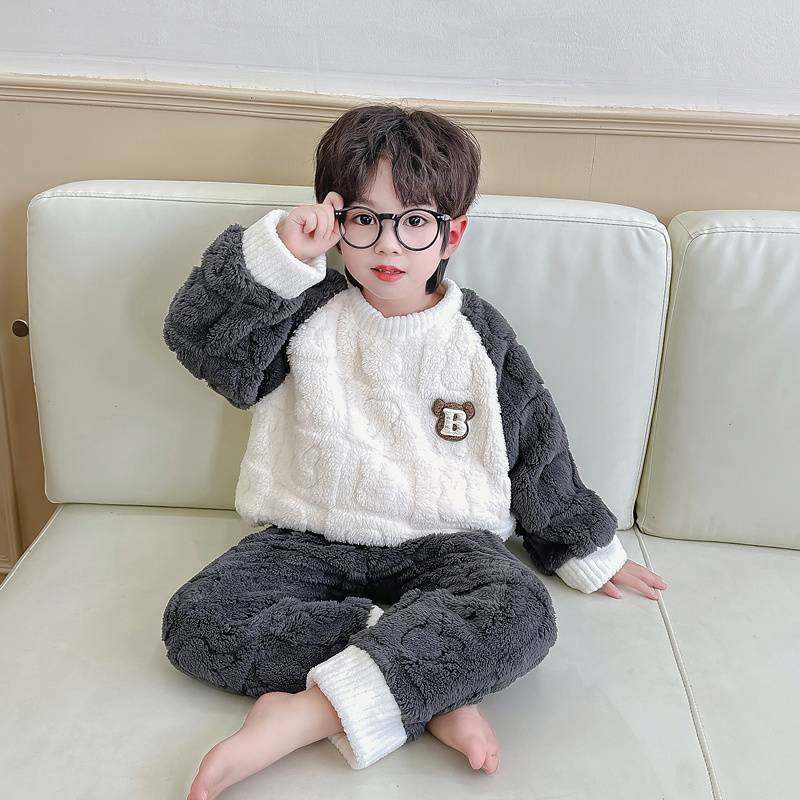 男童法兰绒睡衣秋冬季加绒男孩冬款分体加厚珊瑚绒儿童宝宝家居服